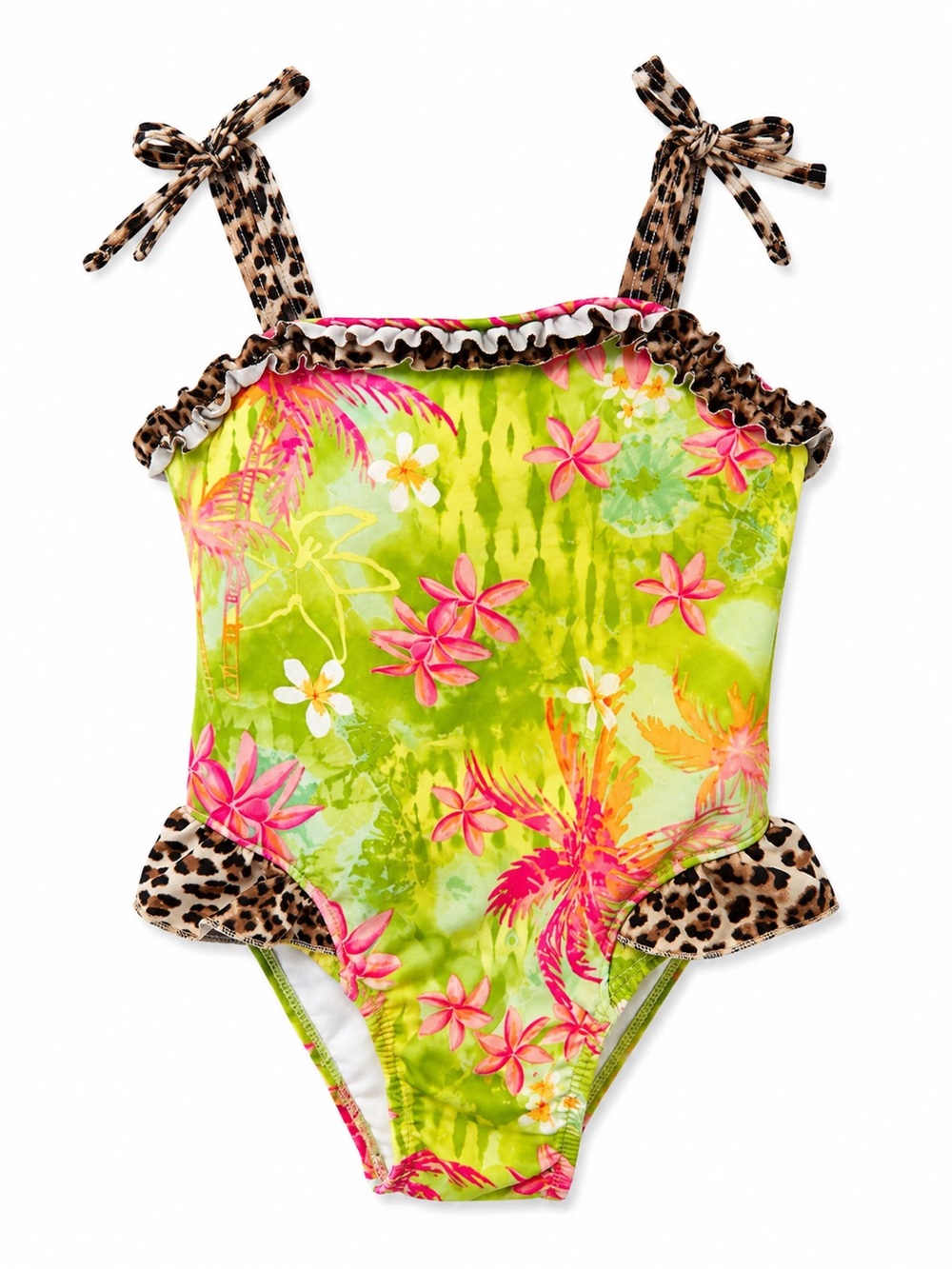 Penelope Mack Neon Green Floral One-Piece Swimsuit with Leopard Trim
